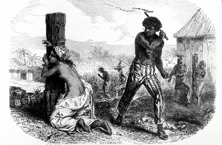 Slaves Punishment: man whipping a woman tied to a post, Africa, 1856 (engraving)