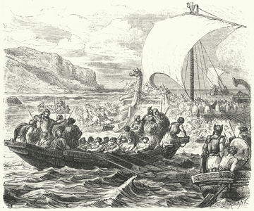 Phoenician ships landing on a coast (engraving)