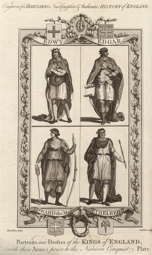 Edwy, Edgar, Edward the Martyr and Ethelred II, illustration from 'The new, comprehensive and complete History of England' by Edward Barnard, 1782 (engraving)