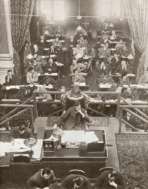 The opening of Dail Eireann, or Chamber of Deputies, of the Irish Free State Parliament, Dublin, Ireland on September 9, 1922.  From The Story of 25 Eventful Years in Pictures, published 1935.