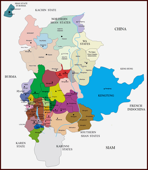 Burma / Myanmar: Map of the Federated Shan States (1922-1947) before the Panglong Conference and the establishment of a unitary Shan State in 1947. (Jolle 2014)
