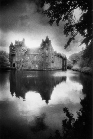 Trecesson Chateau, Forest of Paimpont, Brittany, France (b/w photo)