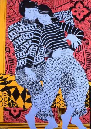 Figures with Patterned Trousers, 1984 (oil on board)