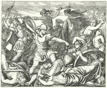 Cimbrian women defending their baggage train against attacking Roman soldiers, late 2nd Century AD (engraving)