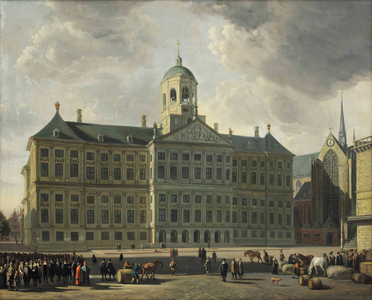 A view of the Dam with the new Town Hall, the Nieuwe Kerk and the Waag, Amsterdam (oil on canvas)