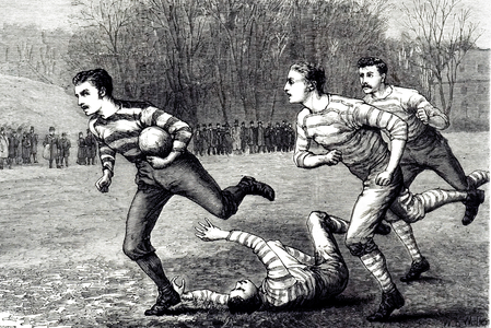 Illustration depicting Rugby football. The team sports rugby league and rugby union. Rugby union originated at Rugby School in Rugby, Warwickshire and rugby league originated in Huddersfield, West Yorkshire after splitting to form the Northern Rugby Football Union in 1895, today called the Rugby Football League. Rugby football (both league and union) is one of many versions of football played at English public schools in the 19th century