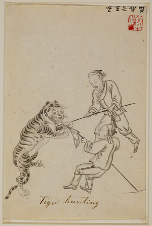 'Tiger hunting'. Two men fighting a tiger, with spears.