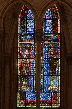 Interior, West façade, Stained glass window, Basilical church, Basilique Saint-Remi, Reims, Grand Est-Marne, France