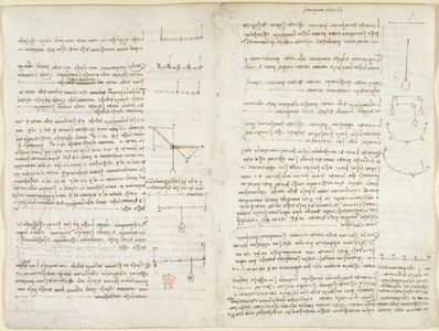 Arundel 263, f.8v, f.7 Notes and diagrams on mechanics, 1508 (pen & ink on paper)