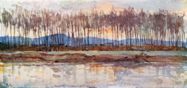Banks of the Arno in the Evening Glow (colour litho)