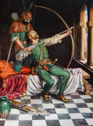 Colour illustration from a book illustrating the ballad of Robin Hood