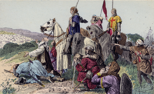 Arrival of the Crusaders before Jerusalem, 1099 (colour litho)