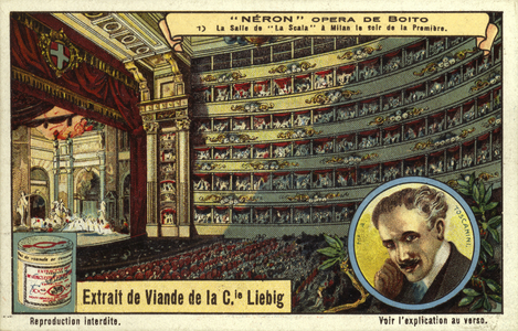 Interior of La Scala opera house, Milan, on the evening of the premiere of Italian composer Arrigo Boito's opera Nerone, 1924 (chromolitho)