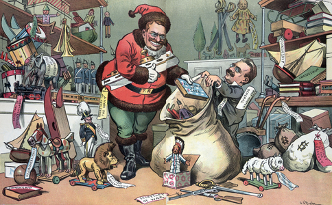 President Theodore Roosevelt as Santa Claus gathering gifts, 1904