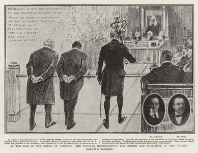 At the Bar of the House of Commons, the Speaker reprimanding the Editor and Publisher of the "Globe" (litho)