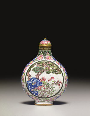 A superb and very rare Beijing enamel snuff bottle, 1715-1722
