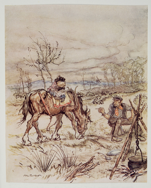 The gypsy remarked in a careless way "Want to sell that there horse of yours?", from Wind in the Willows by Kenneth Grahame (1859 - 1932), pub. 1940 (colour litho)