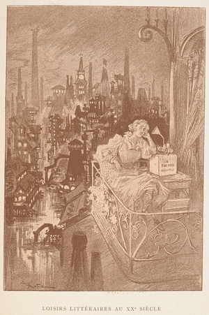 'Literary activities in the twentieth century'. A woman listening to a recording, an audio book.
A futuristic view on the subject of the end of books.