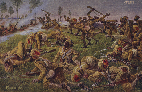 Germans battling Indian troops near Ypres, World War I, 1914-1916 (colour litho)
