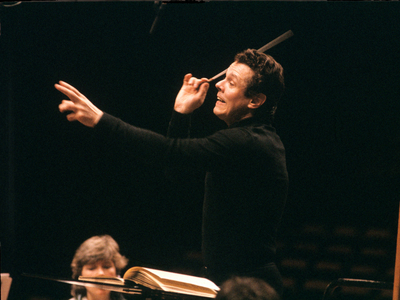 Oslo 19860416 conductor Mariss Jansons in action while directing the Oslo Philharmonic Orchestra …, 1986 (photo)