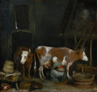 A Maid Milking a Cow in a Barn, c.1652-54 (oil on panel)
