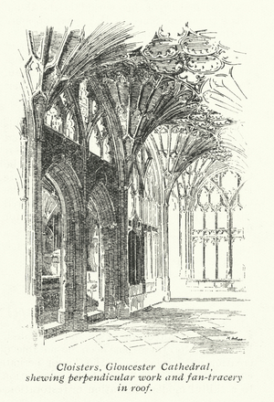 Cloisters, Gloucester Cathedral, shewing perpendicular work and fan-tracery in roof (litho)