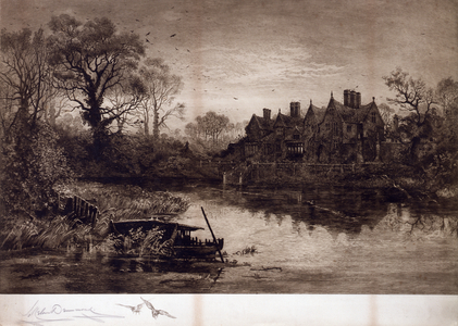 Gothic house and lake, 1888 (etching)