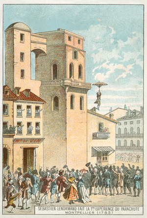Sebastien Lenormand making the first parachute descent, Montpellier, 1783 (chromolitho)