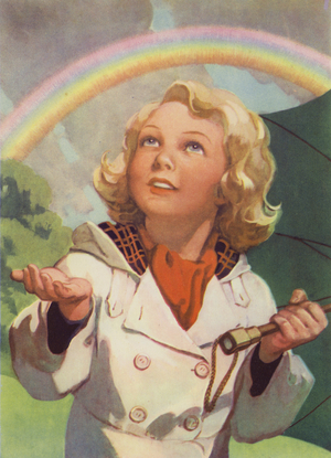 Mary lowered her umbrella as the sun peeped out (colour litho)