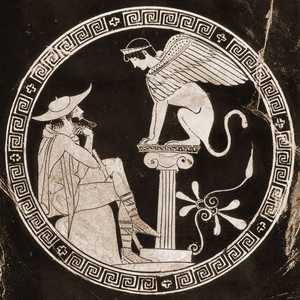 Oedipus answering questions of the sphinx in Thebes, 5th century BC (ceramic)