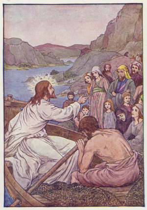 Christ teaching (colour litho)