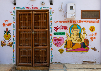 Murals depicting ganesh on a haveli, Rajasthan, Jaisalmer, India, 2019 (photo)