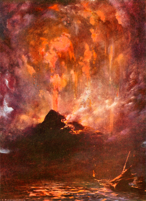 The eruption of Krakatoa (colour litho)