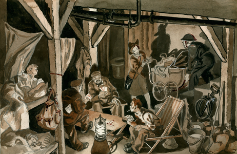 Bomb shelter during the blitz (gouache on paper)