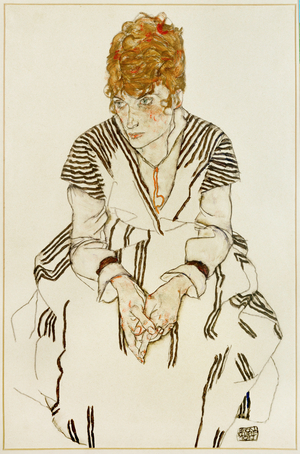 The artist's sister-in-law in striped dress, seated, 1917 (gouache, watercolour and pencil)