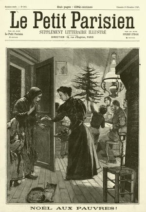 Giving to the poor at Christmas (engraving)