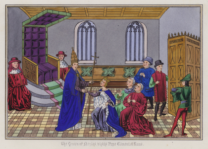 The Queen Of Naples visits Pope Clement at Rome (coloured engraving)