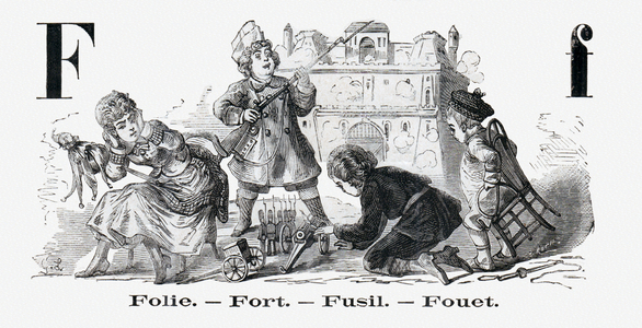 F for Folie - Fort - Gun - Whip, c1880 (illustration)