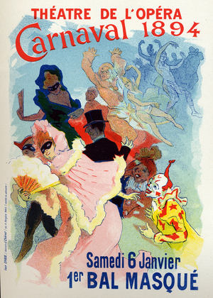 Art. Entertainment. Masquerade ball at the Opera of Paris for the carnival. Poster by Jules Cheret, France, 1894. (poster)