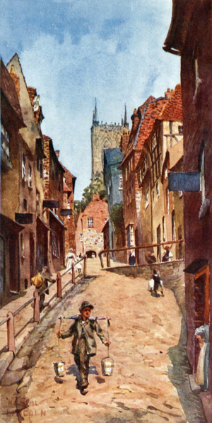 Lincoln, the Steep Hill (colour litho)