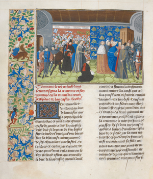 King Richard II yields the crown to the Earl of Derby; text with decorated initial and border.