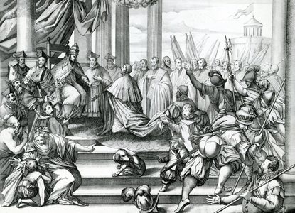 Pope Alexander III (1105-81) offering Doge Sebatiano Ziani (d.1178) the blessed (engraving)