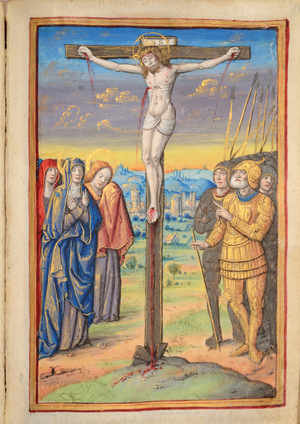 Ms 45 fol.98r Crucifixion, from Preces Variae, c.1500 (gouache & bodycolour on vellum)