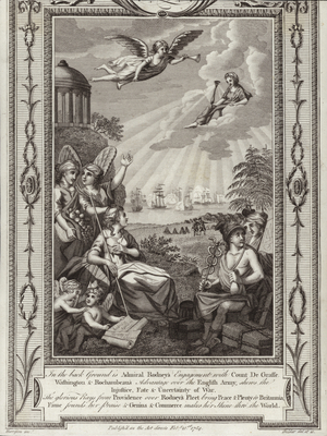 British Admiral George Rodney's victory over the French fleet commanded by the Comte de Grasse at the Battle of the Saintes, American war of Independence, 1782 (engraving)
