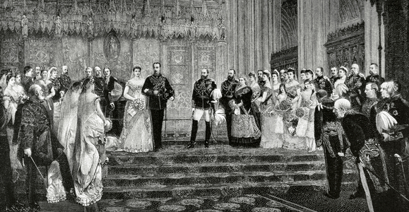 The Queen Victoria I of England at the wedding of Prince Leopold, Duke of Albany with the Princess Helena of Waldeck Pyrmont, April 27, 1882 (engraving)
