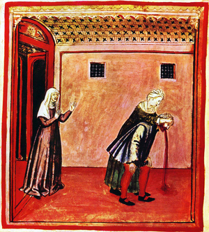 Iraq / Italy: A man vomiting soothed by two women. Illustration from Ibn Butlan's Taqwim al-sihhah or 'Maintenance of Health' (Baghdad, 11th century) published in Italy as the Tacuinum Sanitatis in the 14th century