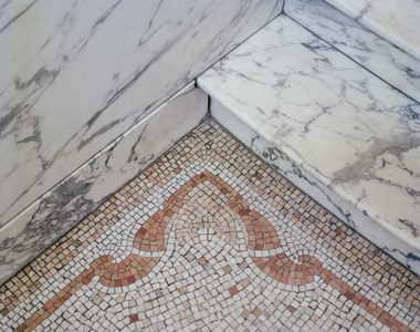 Entrance hall, detail of mosaic floor and marble staircase, Maison and Atelier Dubois, 80 Avenue Brugman, Brussels, 1901-06 (photo)