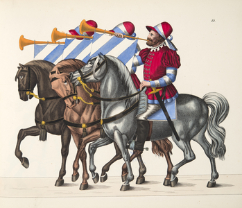Three musicians at a tournament, plate from 'A History of the Development and Customs of Chivalry', by Dr. Franz Kottenkamp, published by Carl Hoffmann, 1842 (colour litho)