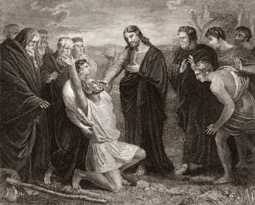 Jesus healing the blind.  From a 19th century print.