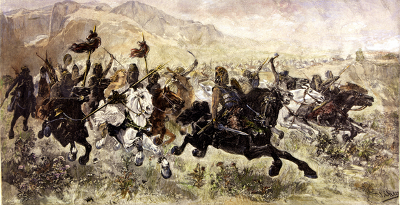 Huns charging at the enemy, 19th century (engraving)